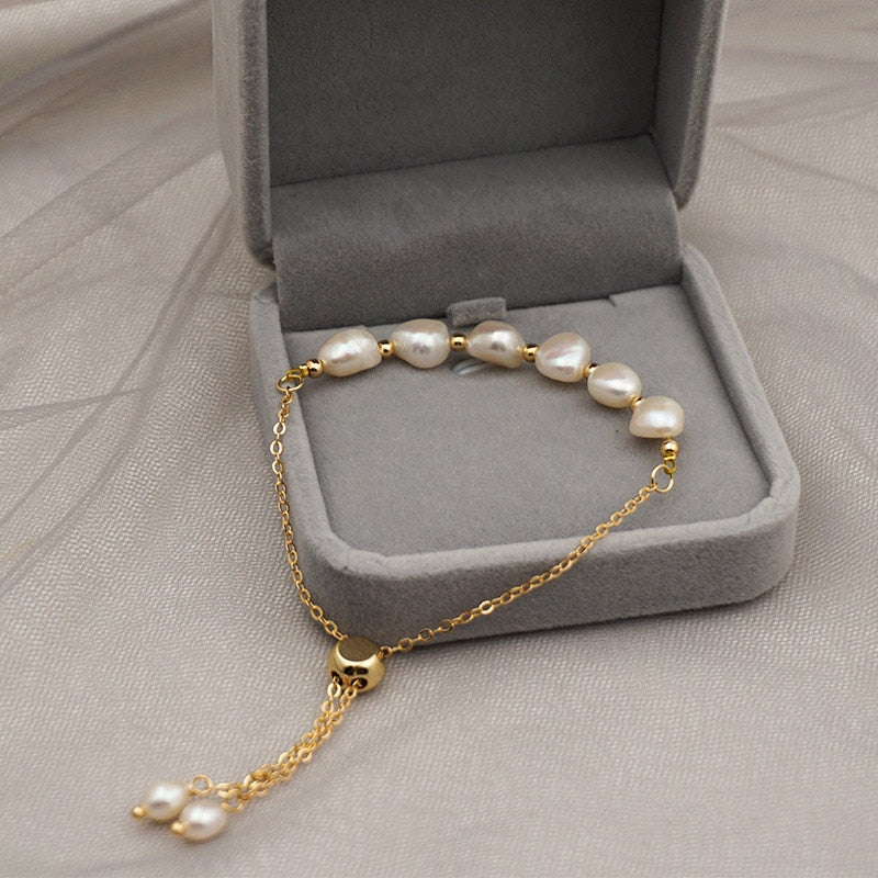 Korean Original Minimalist Design Natural Pearl Gold Bracelet Woman Fashion Personality Cuff Bracelet Jewelry Anniversary Gifts