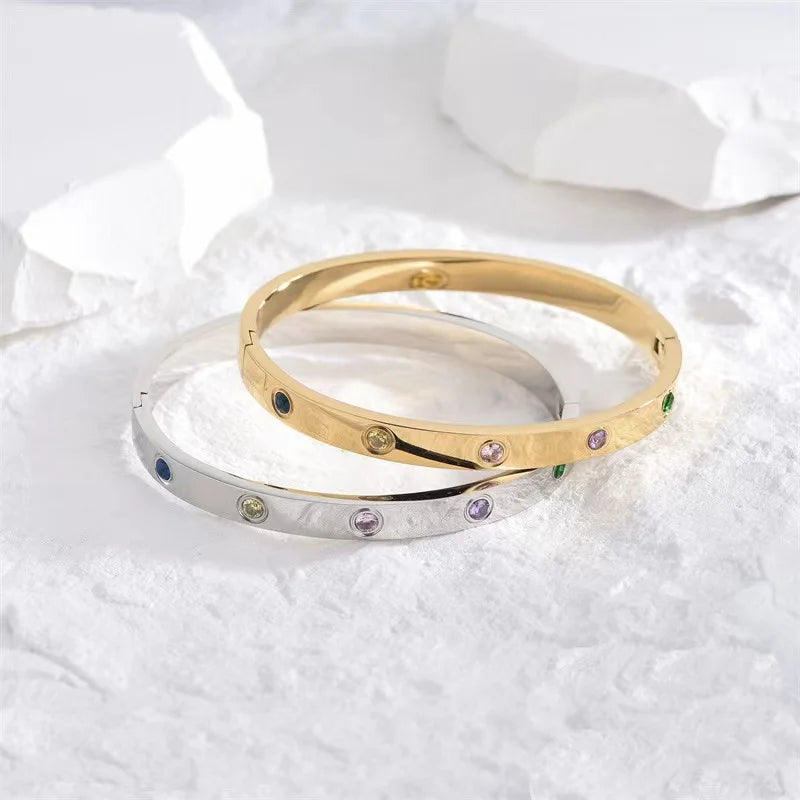 Dazzling Zircon & Cross Bracelet: Gold Stainless Steel Bangle for Women