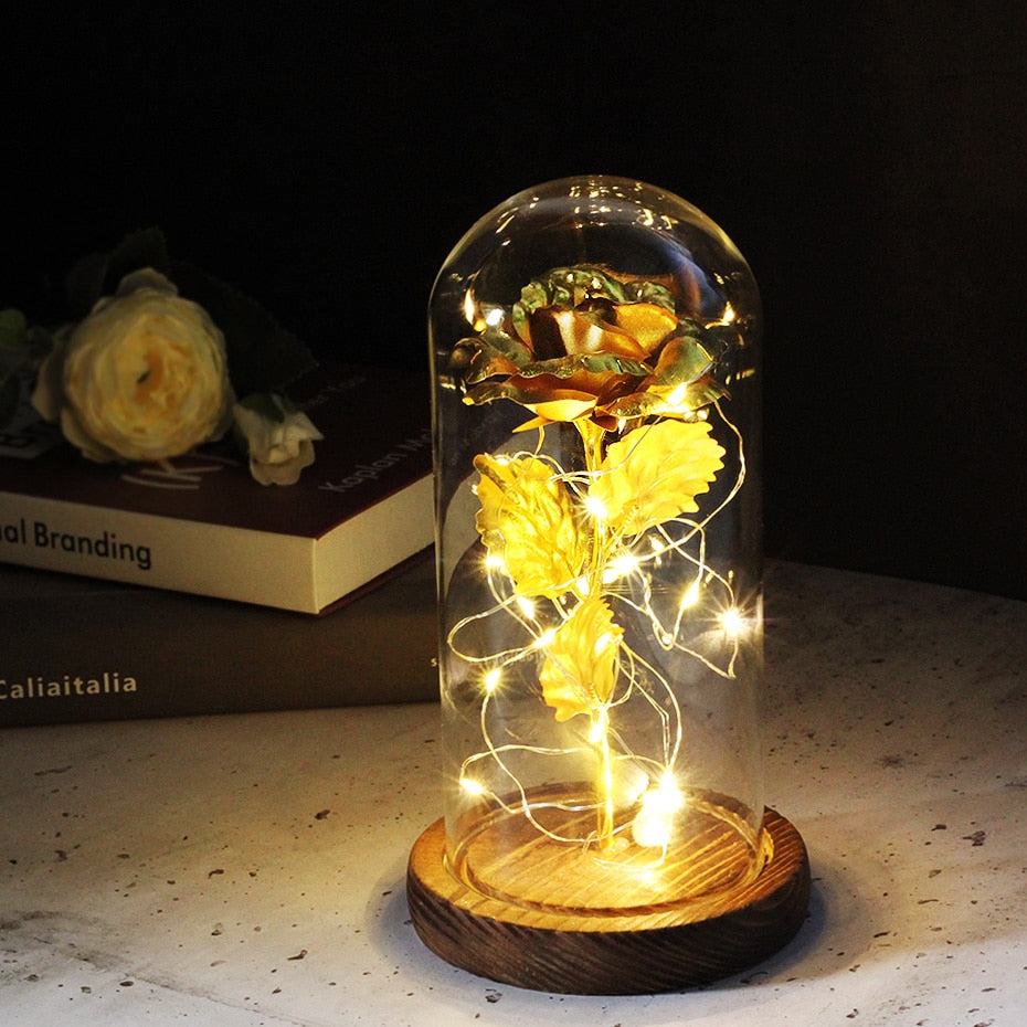 Artificial Eternal Rose  LED Light Beauty The Beast In Glass Cover Christmas Home Decor For Mother Valentines Day new Year Gift