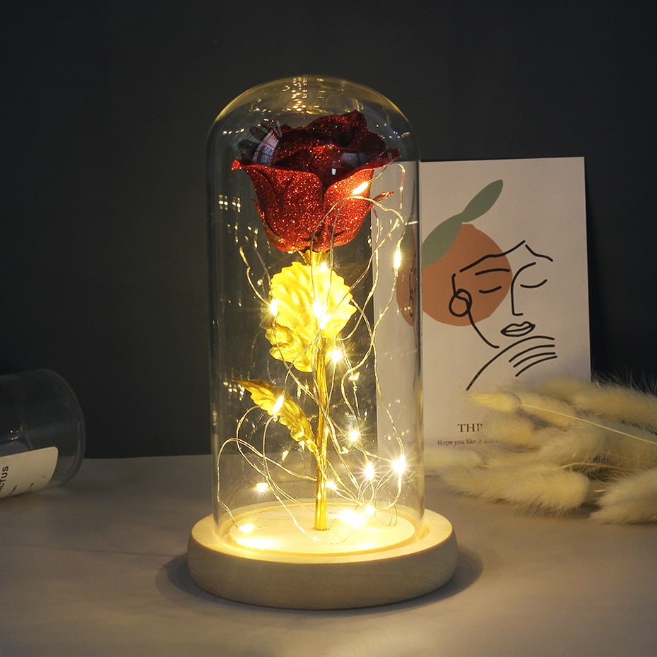 Artificial Eternal Rose  LED Light Beauty The Beast In Glass Cover Christmas Home Decor For Mother Valentines Day new Year Gift