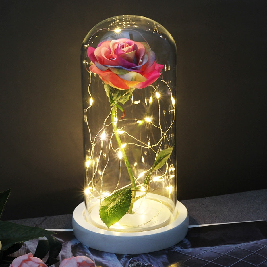 Artificial Eternal Rose  LED Light Beauty The Beast In Glass Cover Christmas Home Decor For Mother Valentines Day new Year Gift