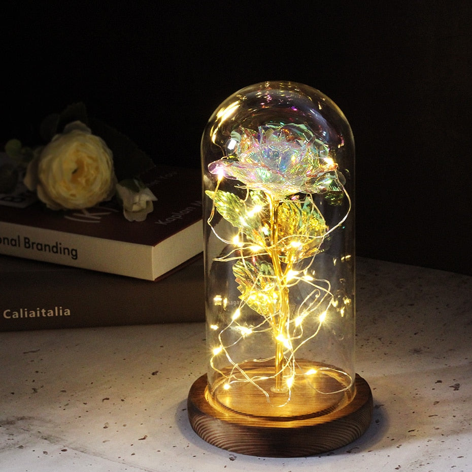 Artificial Eternal Rose  LED Light Beauty The Beast In Glass Cover Christmas Home Decor For Mother Valentines Day new Year Gift