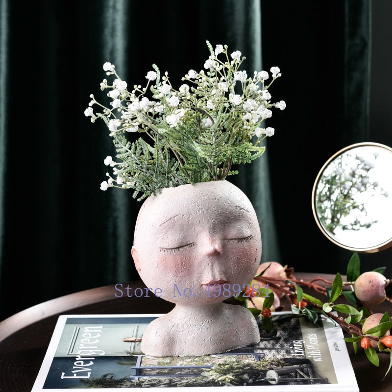 Nordic Creative Resin Human head vase Art flower arrangement Doll sculpture flower pot Potted plant Home garden decoration