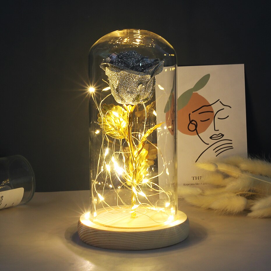 Artificial Eternal Rose  LED Light Beauty The Beast In Glass Cover Christmas Home Decor For Mother Valentines Day new Year Gift