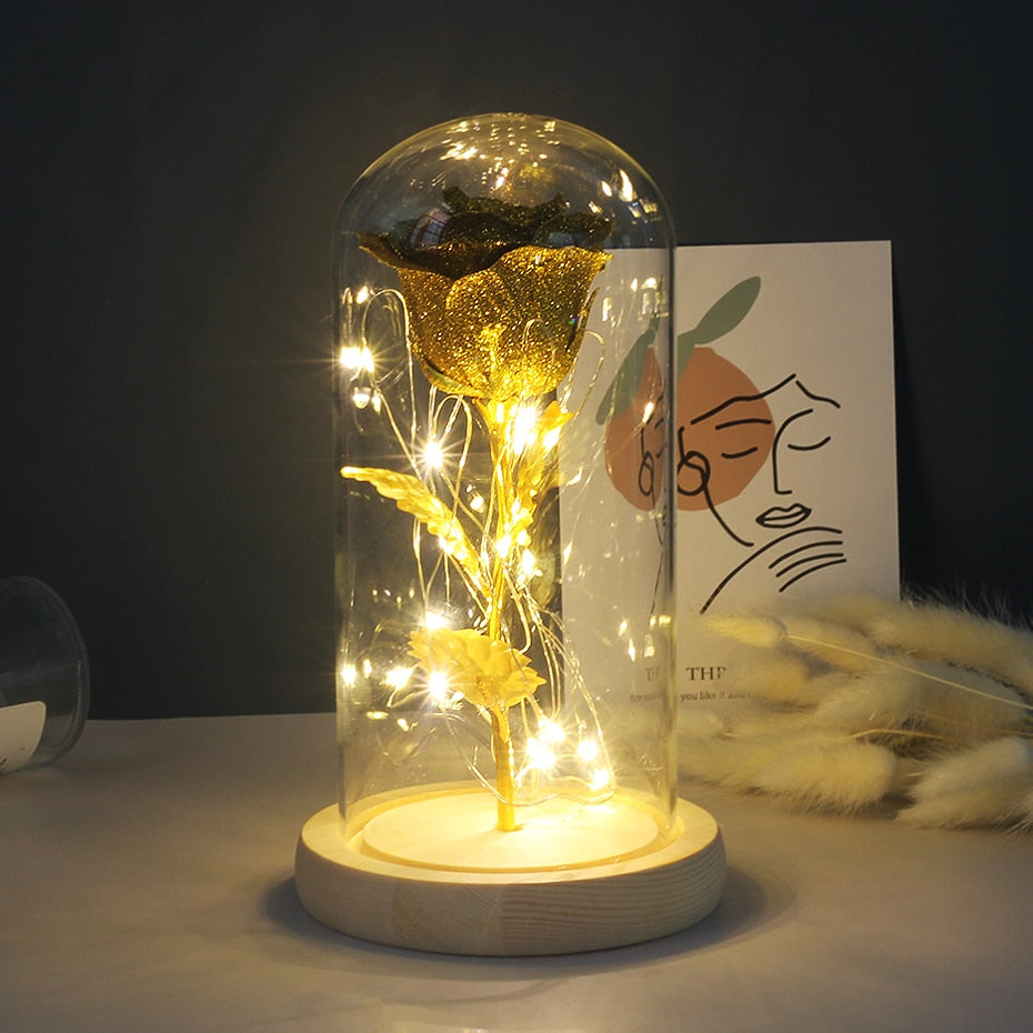 Artificial Eternal Rose  LED Light Beauty The Beast In Glass Cover Christmas Home Decor For Mother Valentines Day new Year Gift