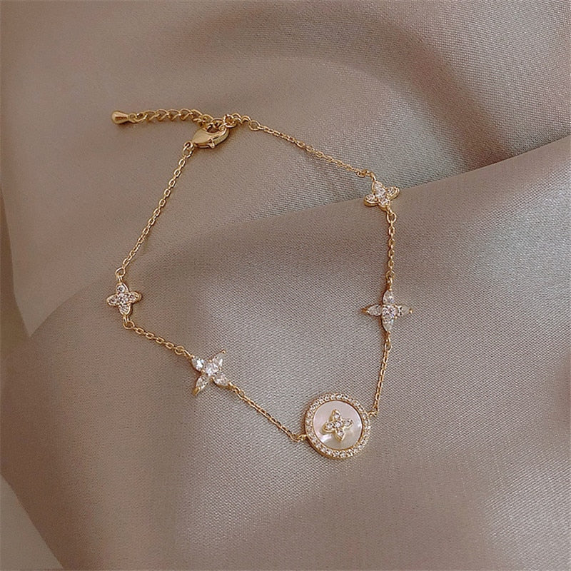 Luxury Fashion Cubic Zirconia Natural Shell Stone Charm Bracelet for Woman Exquisite Gold Chain Cuff Bracelet Girl Jewelry Gift