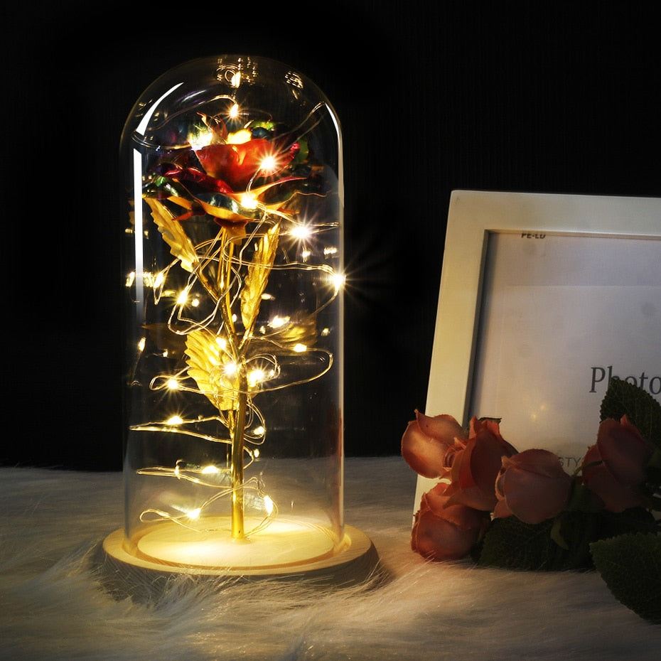 Artificial Eternal Rose  LED Light Beauty The Beast In Glass Cover Christmas Home Decor For Mother Valentines Day new Year Gift