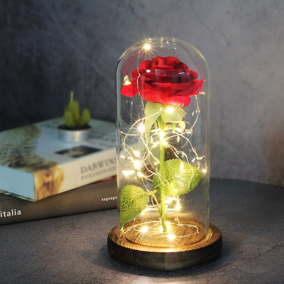 Artificial Eternal Rose  LED Light Beauty The Beast In Glass Cover Christmas Home Decor For Mother Valentines Day new Year Gift