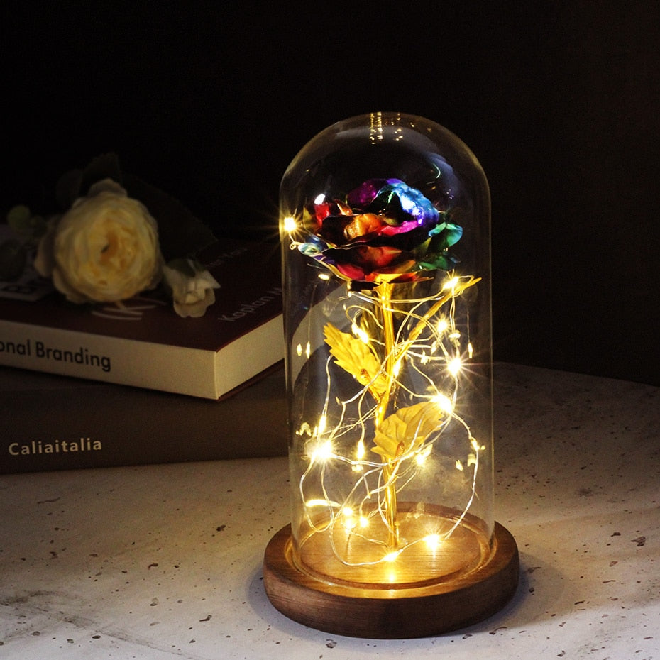 Artificial Eternal Rose  LED Light Beauty The Beast In Glass Cover Christmas Home Decor For Mother Valentines Day new Year Gift