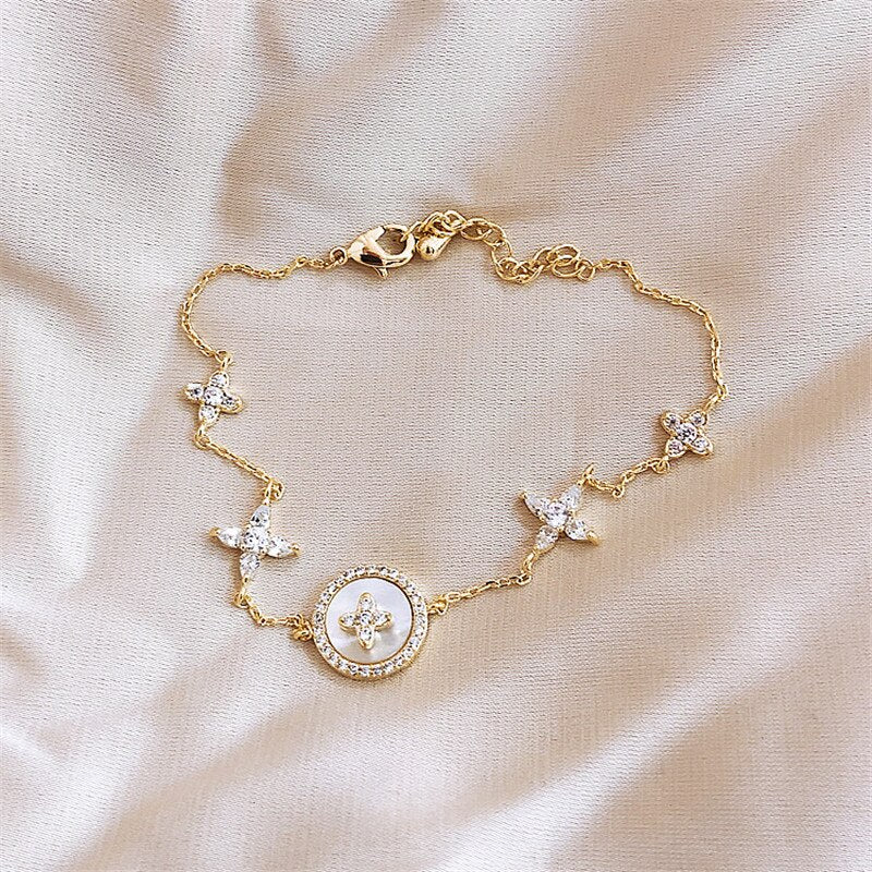 Luxury Fashion Cubic Zirconia Natural Shell Stone Charm Bracelet for Woman Exquisite Gold Chain Cuff Bracelet Girl Jewelry Gift