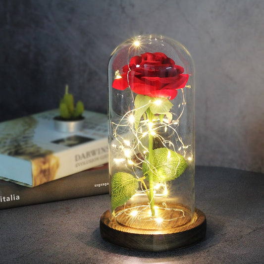 Artificial Eternal Rose  LED Light Beauty The Beast In Glass Cover Christmas Home Decor For Mother Valentines Day new Year Gift