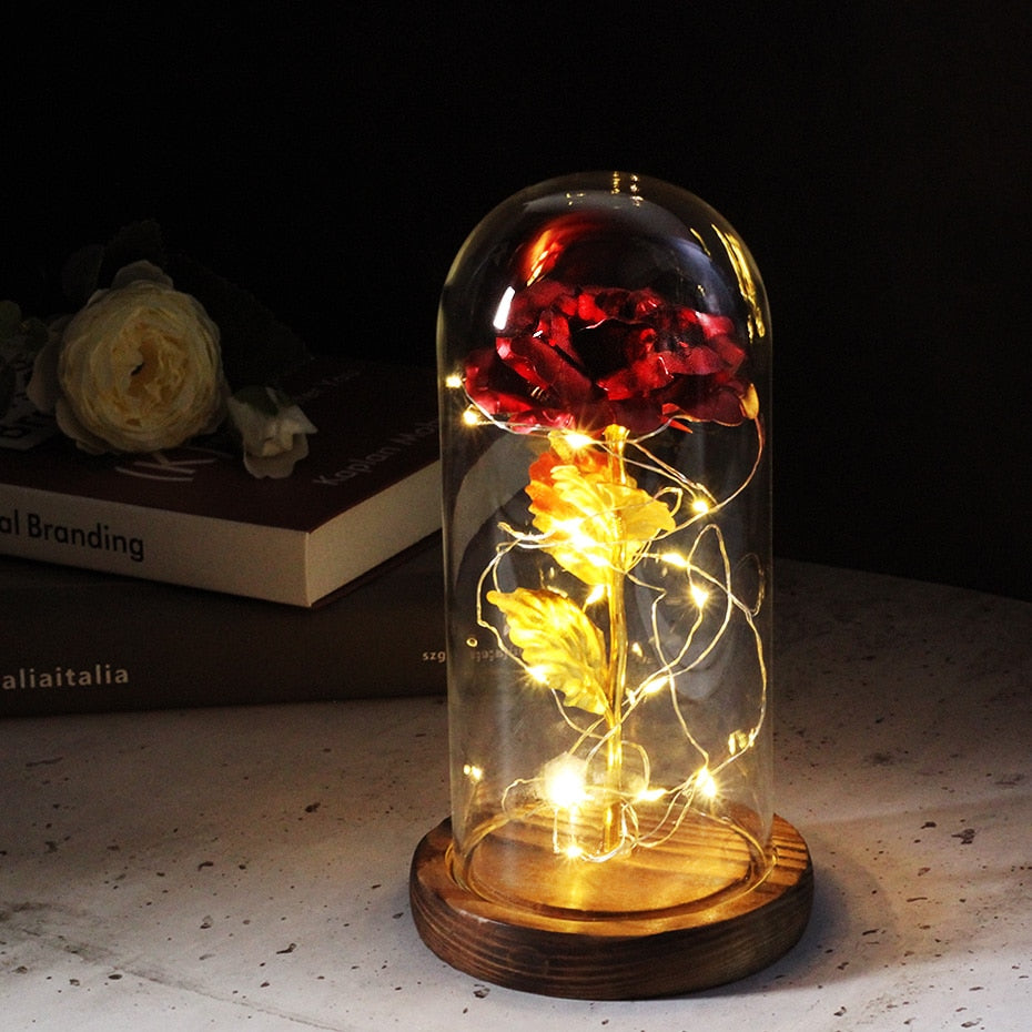Artificial Eternal Rose  LED Light Beauty The Beast In Glass Cover Christmas Home Decor For Mother Valentines Day new Year Gift