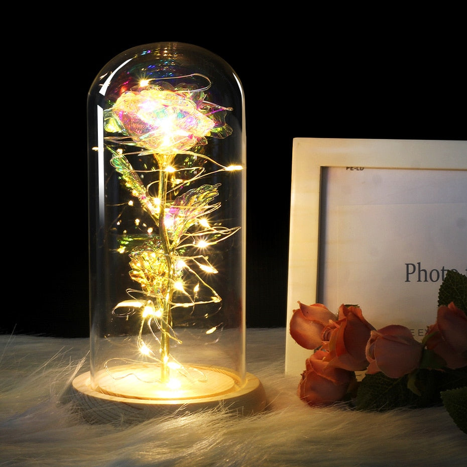 Artificial Eternal Rose  LED Light Beauty The Beast In Glass Cover Christmas Home Decor For Mother Valentines Day new Year Gift