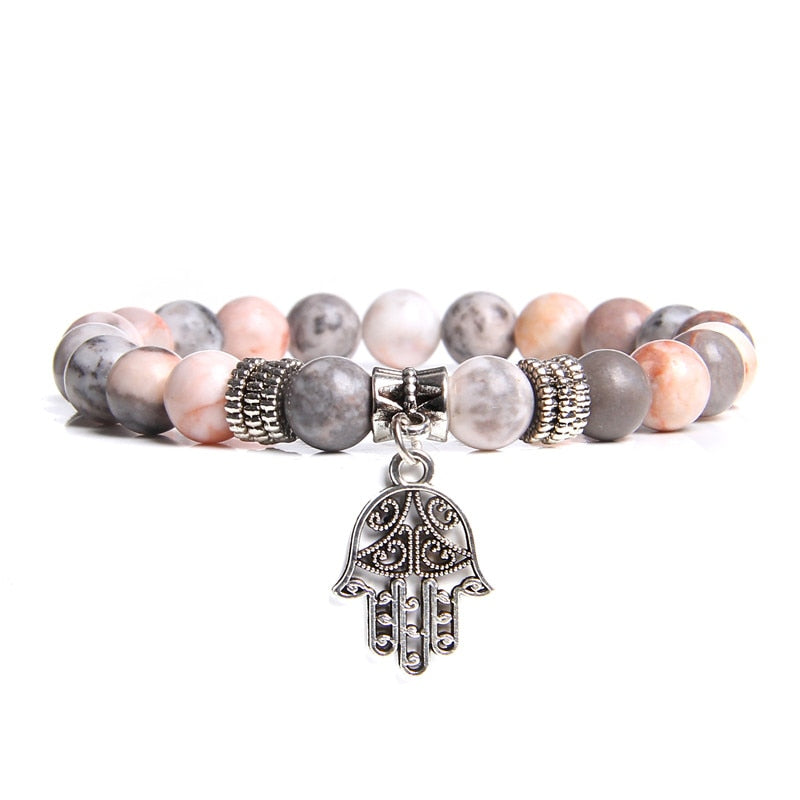 Handmade Natural Stone Lotus Ohm Buddha Beads Bracelet Pink Zebra Stone Lotus Charm Bracelet for Women Men Yoga  Jewelry Gifts