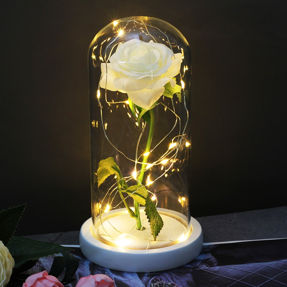 Artificial Eternal Rose  LED Light Beauty The Beast In Glass Cover Christmas Home Decor For Mother Valentines Day new Year Gift