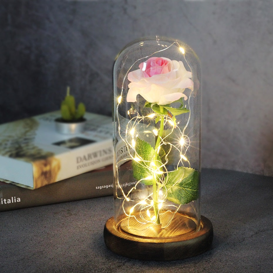 Artificial Eternal Rose  LED Light Beauty The Beast In Glass Cover Christmas Home Decor For Mother Valentines Day new Year Gift