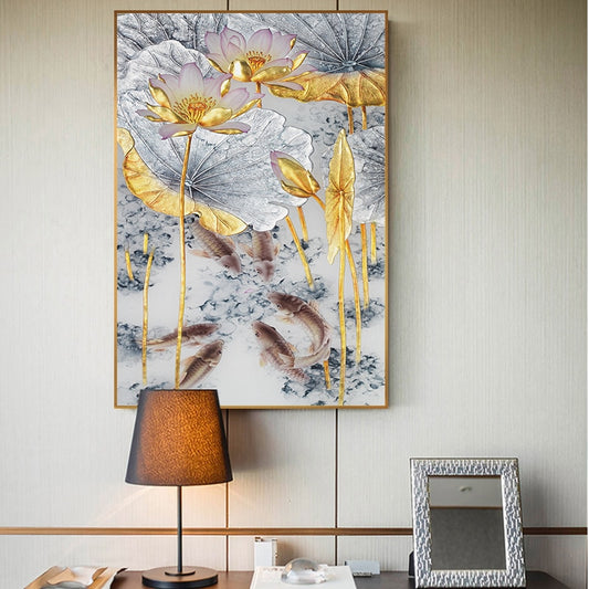 Abstract Gold Lotus Fishes Wall Art - Little Eudora