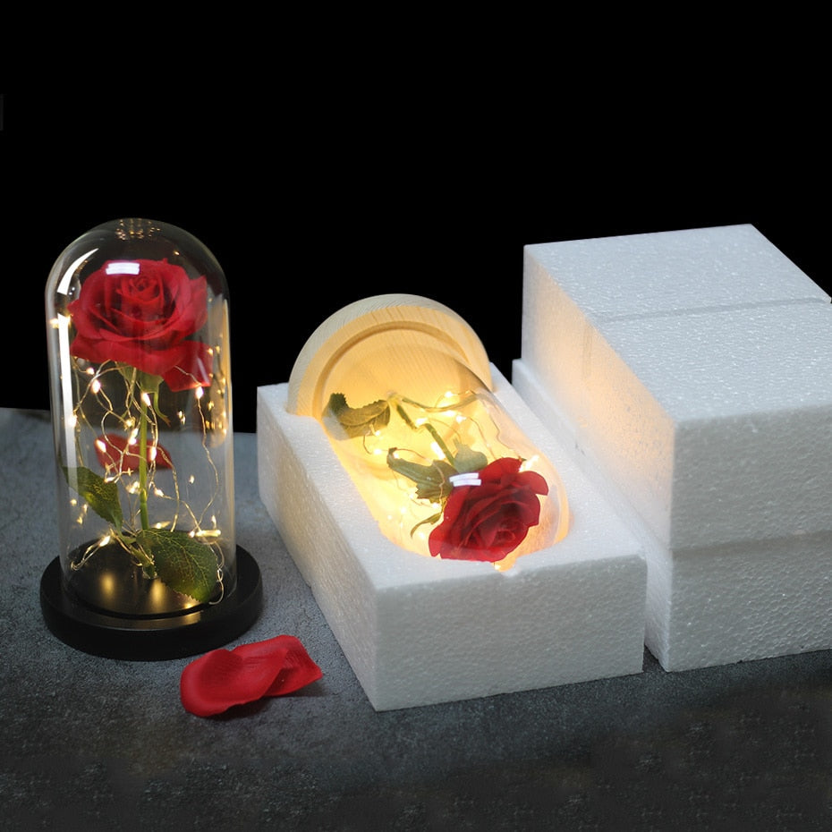 Artificial Eternal Rose  LED Light Beauty The Beast In Glass Cover Christmas Home Decor For Mother Valentines Day new Year Gift