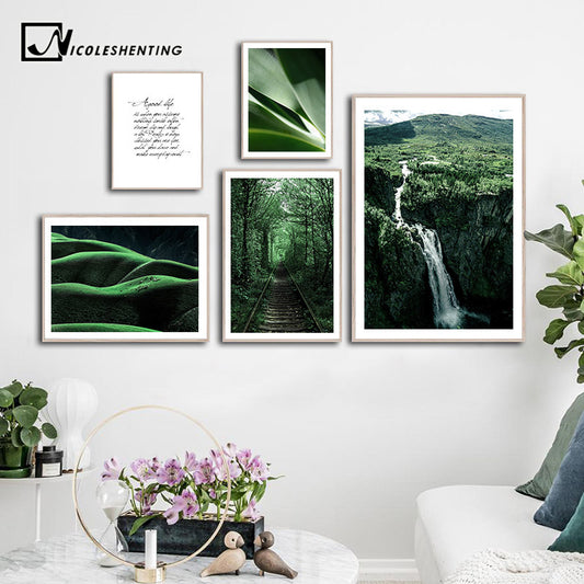 Scandinavian Natural Scenery Poster Nordic Print Forest Path Waterfall Landscape Wall Art Canvas Painting Picture Modern Decor