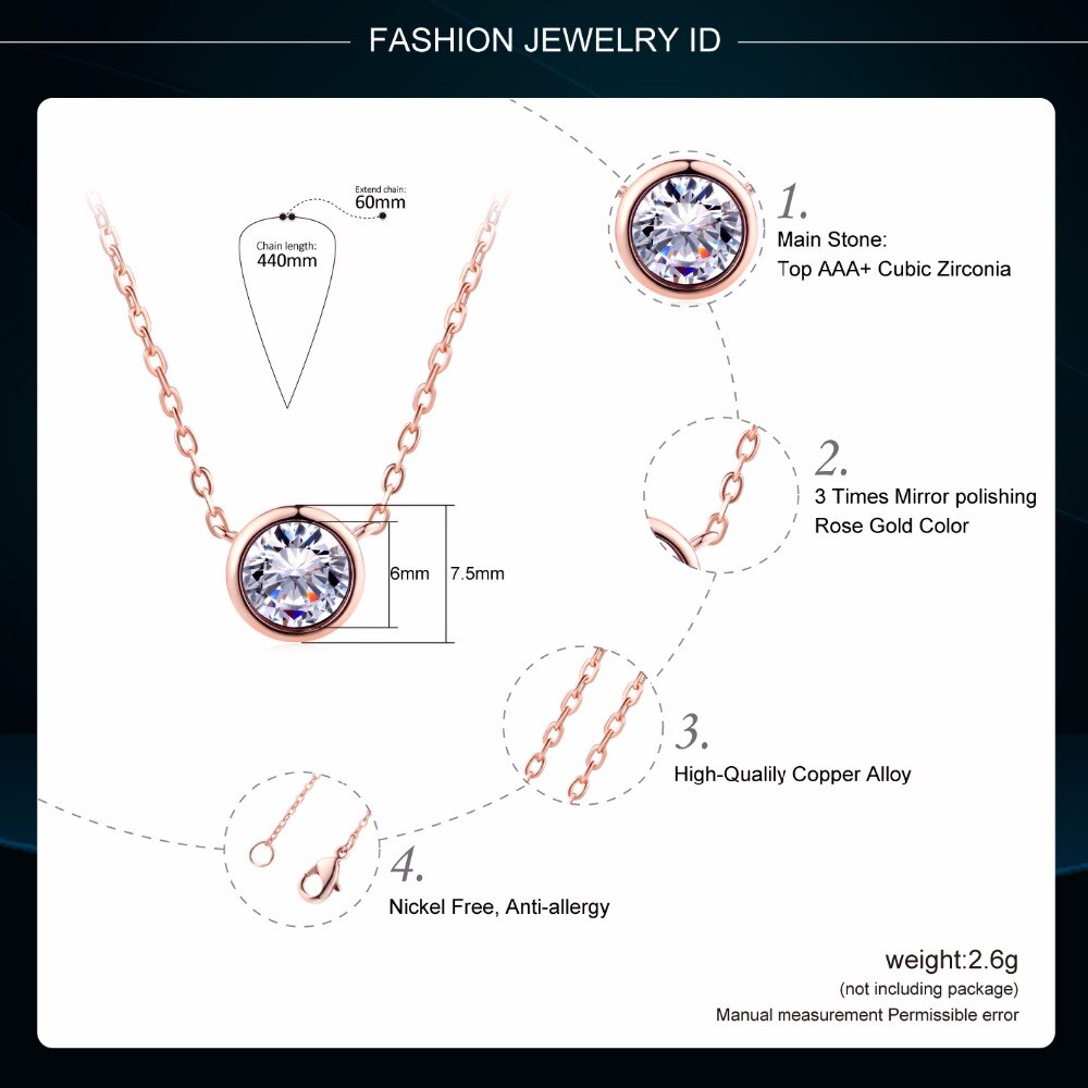 Simply Small Round 1 carat Cubic Zirconia Rose Gold Color Pendant Necklace Hot Jewelery for Women and Girls N388 N453 N454