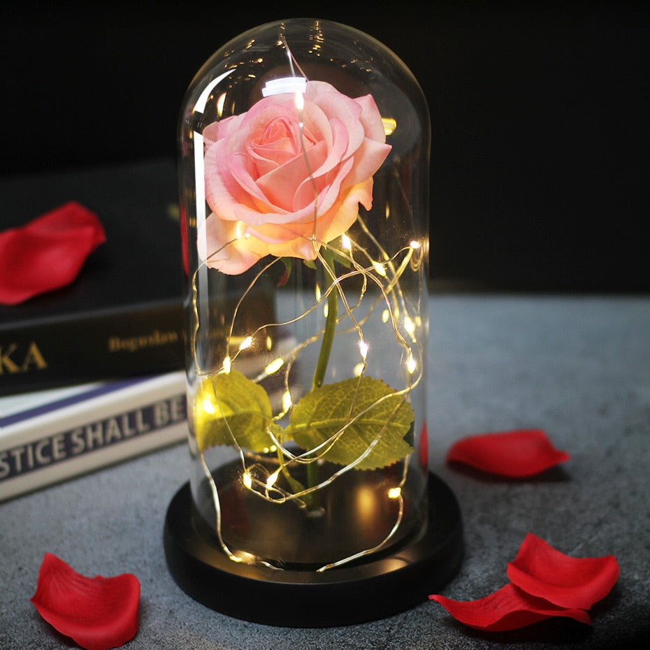 Artificial Eternal Rose  LED Light Beauty The Beast In Glass Cover Christmas Home Decor For Mother Valentines Day new Year Gift