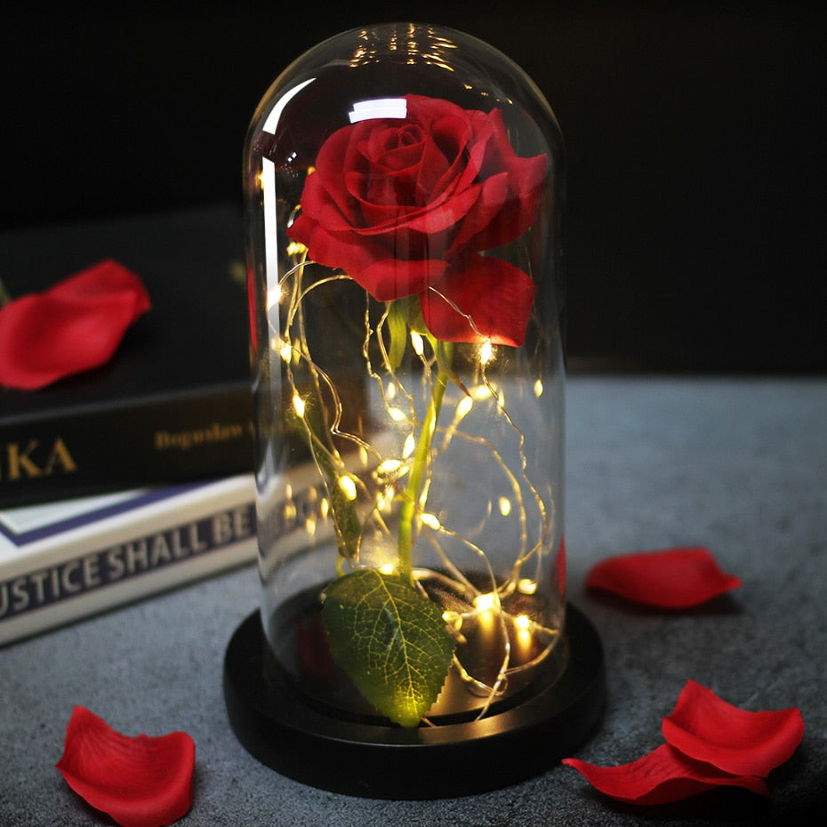 Artificial Eternal Rose  LED Light Beauty The Beast In Glass Cover Christmas Home Decor For Mother Valentines Day new Year Gift
