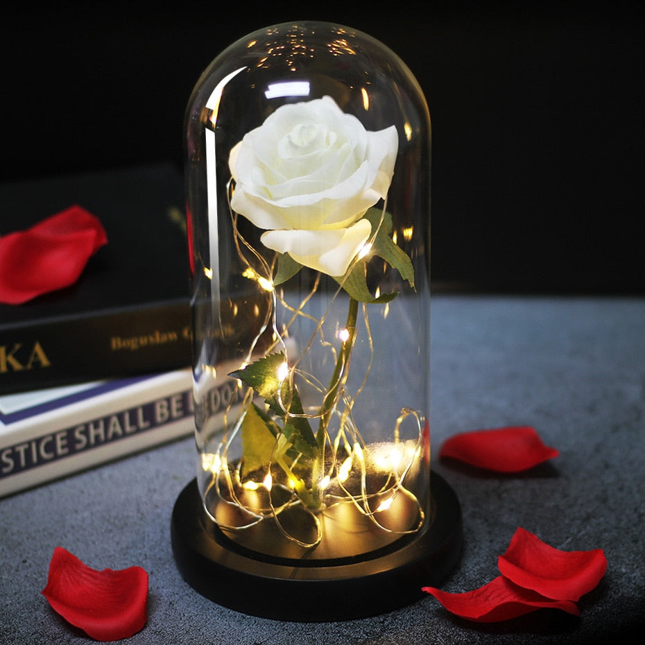 Artificial Eternal Rose  LED Light Beauty The Beast In Glass Cover Christmas Home Decor For Mother Valentines Day new Year Gift