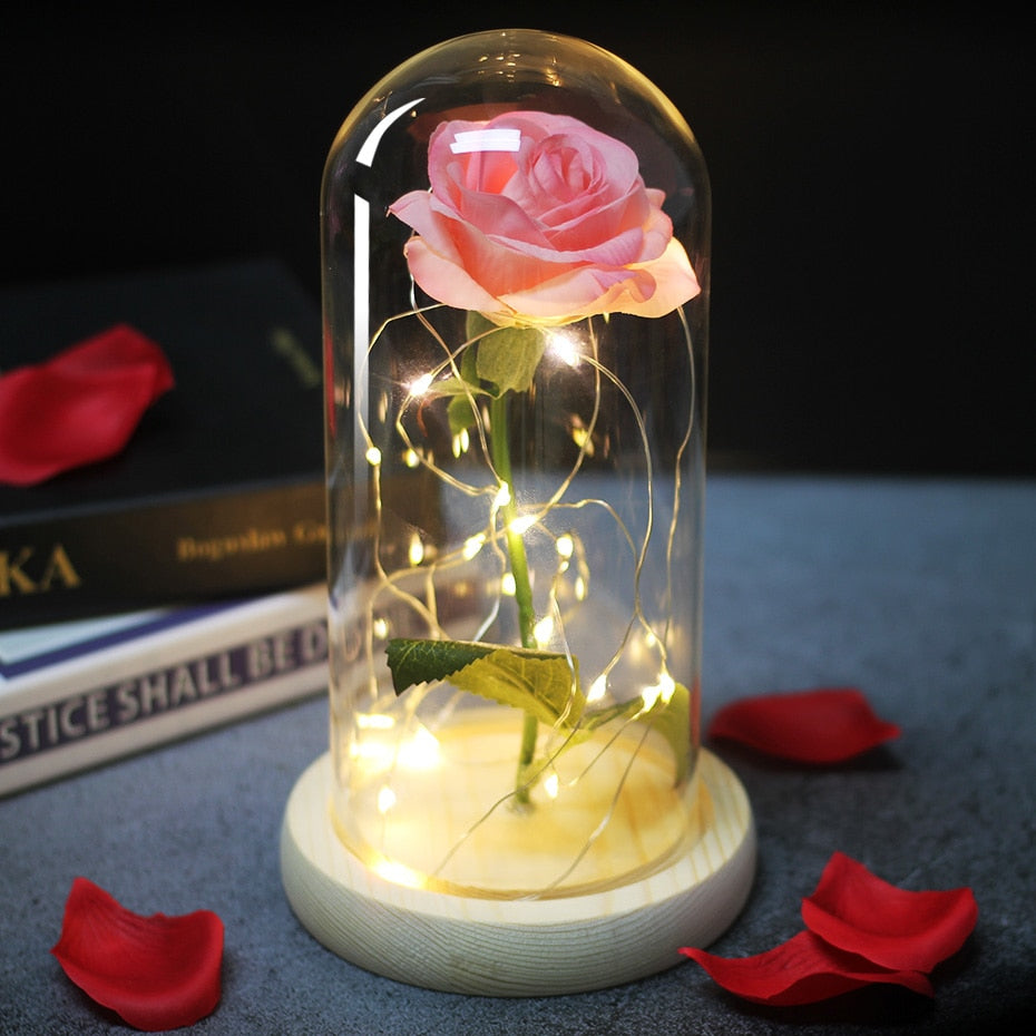 Artificial Eternal Rose  LED Light Beauty The Beast In Glass Cover Christmas Home Decor For Mother Valentines Day new Year Gift