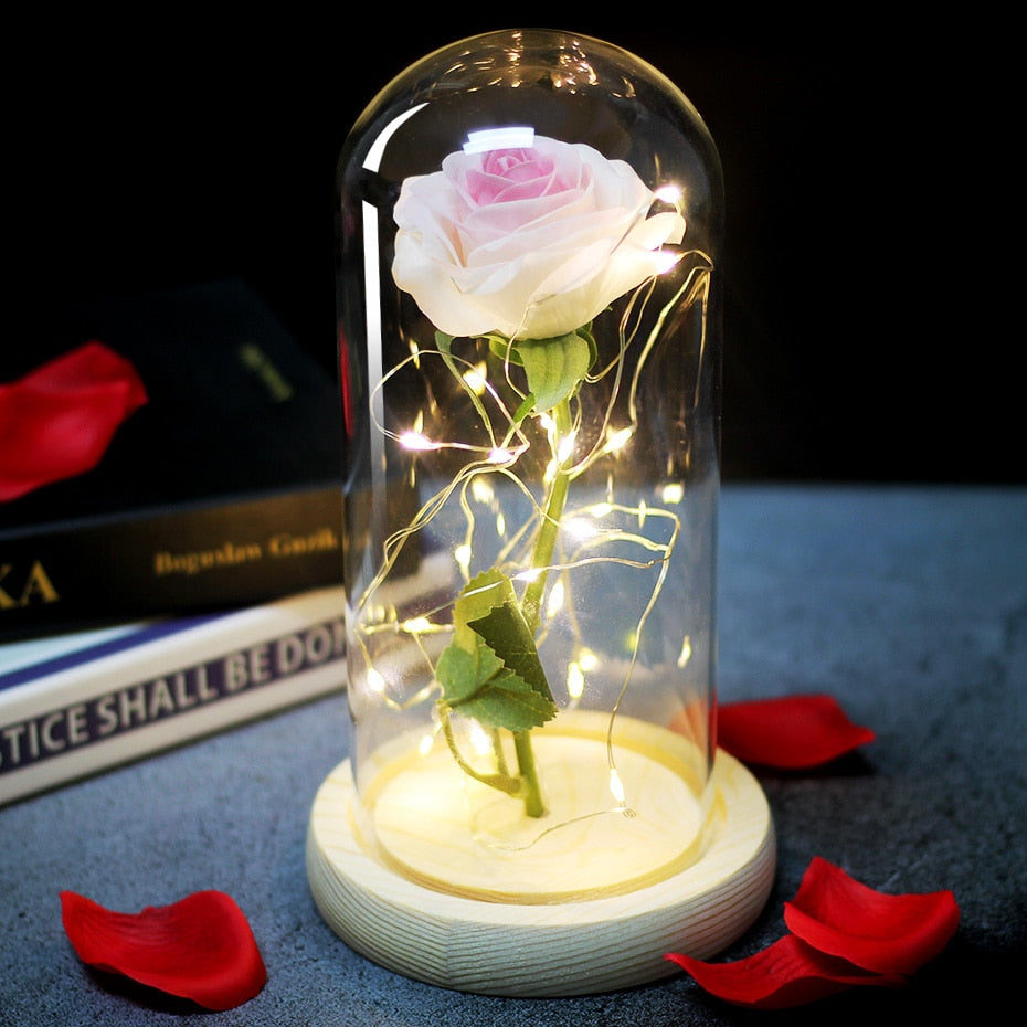 Artificial Eternal Rose  LED Light Beauty The Beast In Glass Cover Christmas Home Decor For Mother Valentines Day new Year Gift
