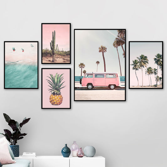 Pink Bus Cactus Pineapple Blue Sea Beach - Little Eudora