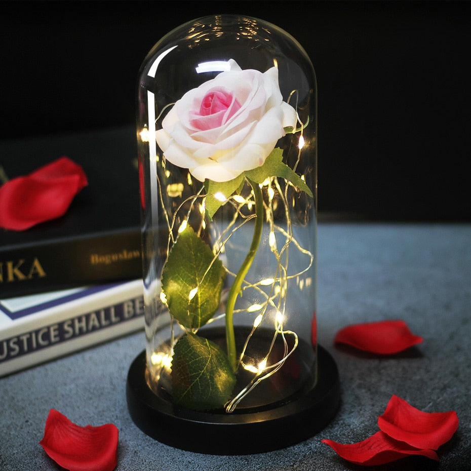 Artificial Eternal Rose  LED Light Beauty The Beast In Glass Cover Christmas Home Decor For Mother Valentines Day new Year Gift