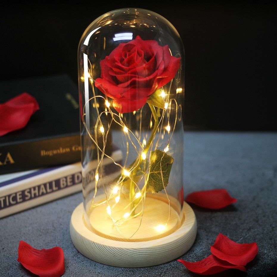 Artificial Eternal Rose  LED Light Beauty The Beast In Glass Cover Christmas Home Decor For Mother Valentines Day new Year Gift