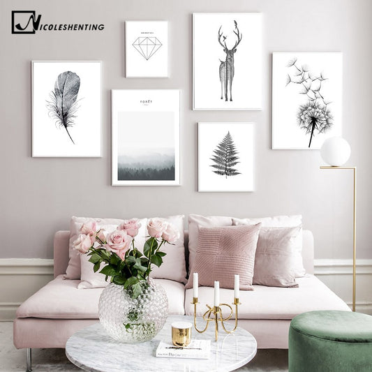 Black White Deer Dandelion Wall Art - Little Eudora