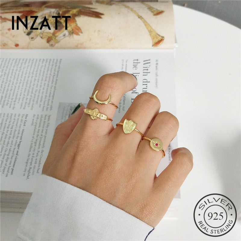 INZATT Real 925 Sterling Silver Resizable Ring Moon Star Shield Baby Initial Letter For Fashion Women Boho fine  Jewelry