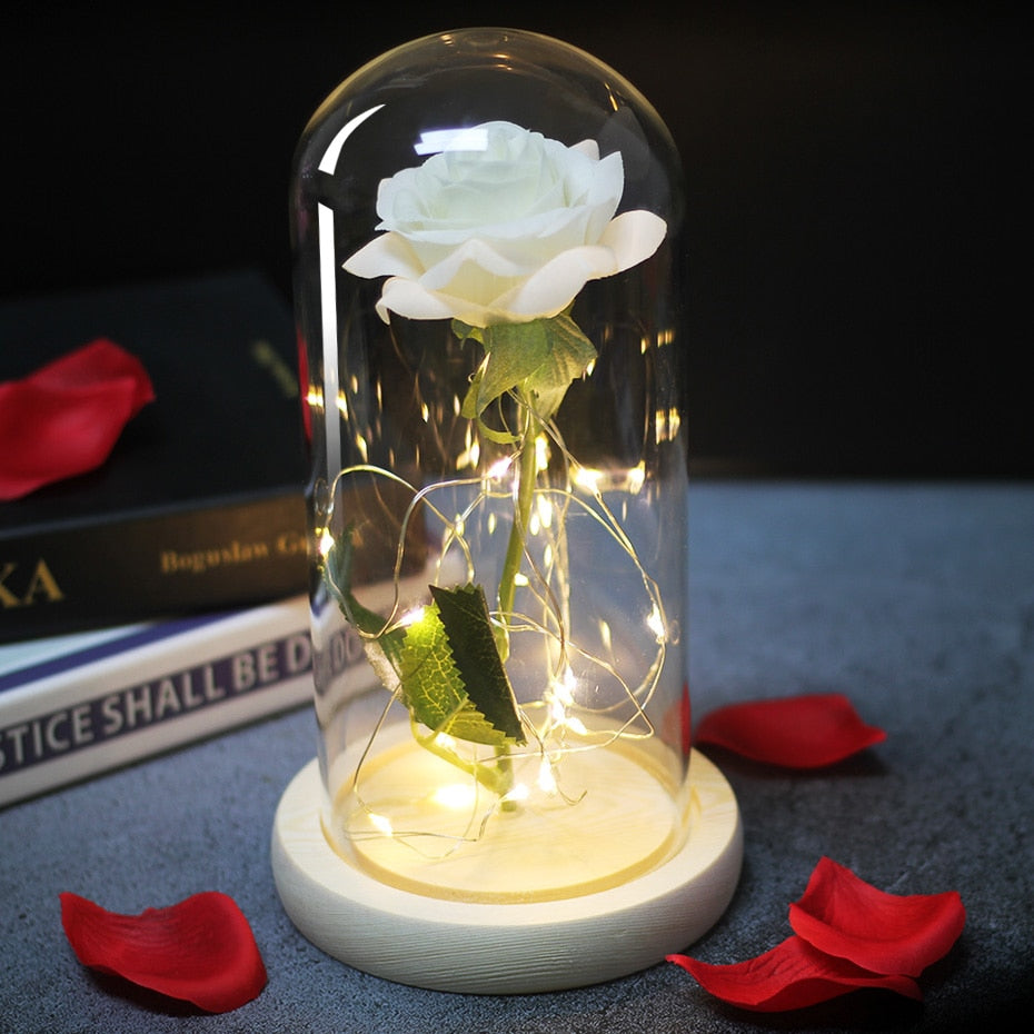Artificial Eternal Rose  LED Light Beauty The Beast In Glass Cover Christmas Home Decor For Mother Valentines Day new Year Gift
