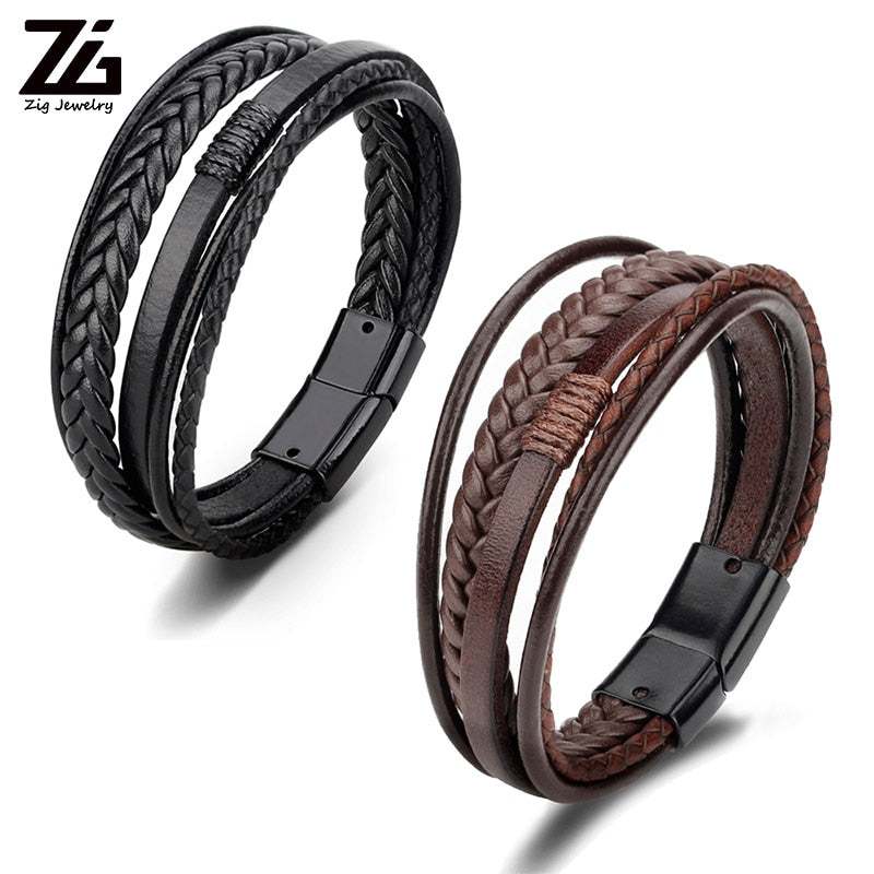 ZG Wholesale Men's Braided Leather Bracelets armband heren in Black and Brown Color with Magnetic Elegent Bracelet for Man