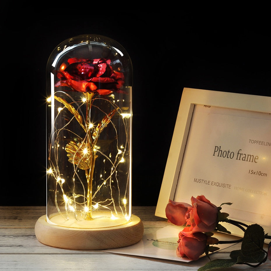 Artificial Eternal Rose  LED Light Beauty The Beast In Glass Cover Christmas Home Decor For Mother Valentines Day new Year Gift