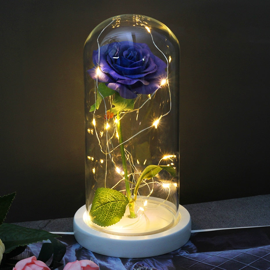 Artificial Eternal Rose  LED Light Beauty The Beast In Glass Cover Christmas Home Decor For Mother Valentines Day new Year Gift
