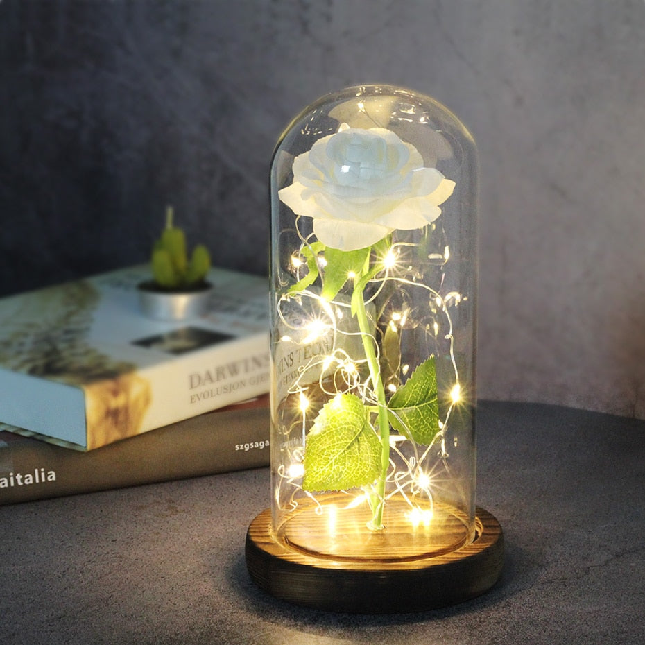 Artificial Eternal Rose  LED Light Beauty The Beast In Glass Cover Christmas Home Decor For Mother Valentines Day new Year Gift