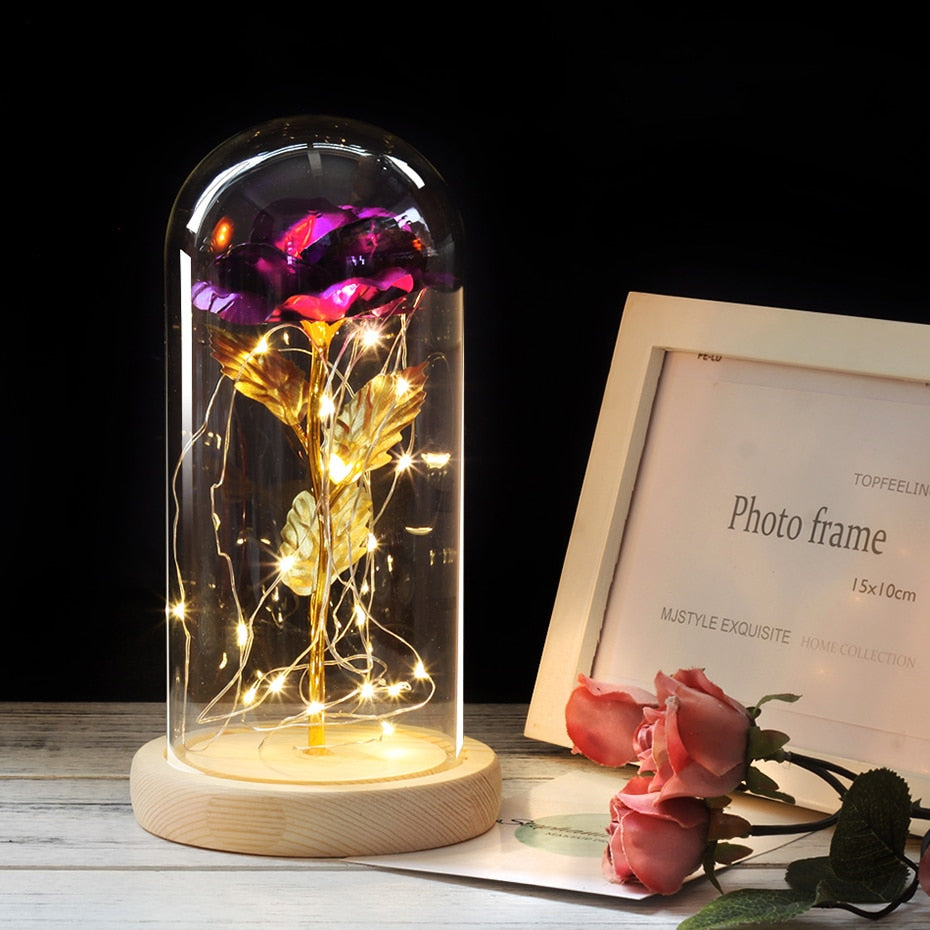 Artificial Eternal Rose  LED Light Beauty The Beast In Glass Cover Christmas Home Decor For Mother Valentines Day new Year Gift