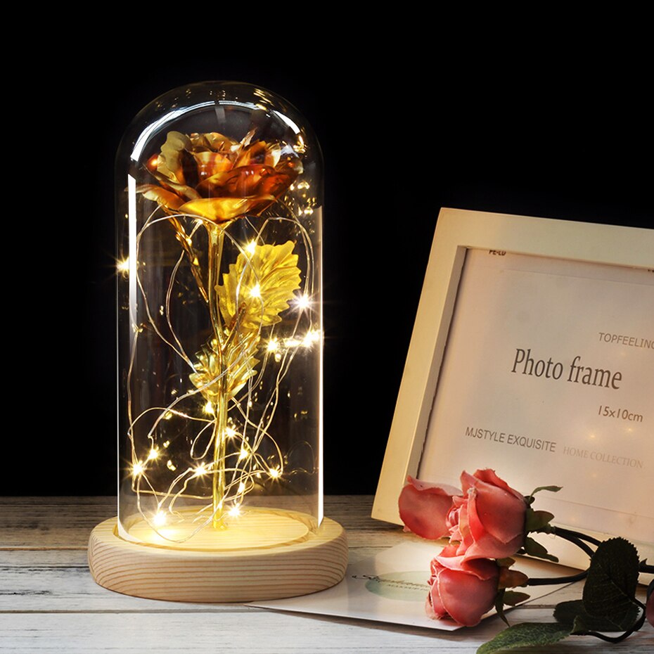 Artificial Eternal Rose  LED Light Beauty The Beast In Glass Cover Christmas Home Decor For Mother Valentines Day new Year Gift