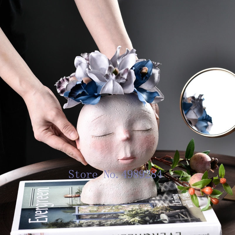 Nordic Creative Resin Human head vase Art flower arrangement Doll sculpture flower pot Potted plant Home garden decoration