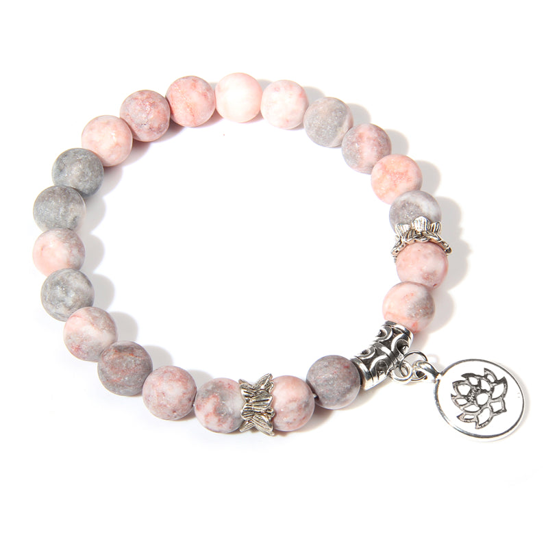 Handmade Natural Stone Lotus Ohm Buddha Beads Bracelet Pink Zebra Stone Lotus Charm Bracelet for Women Men Yoga  Jewelry Gifts