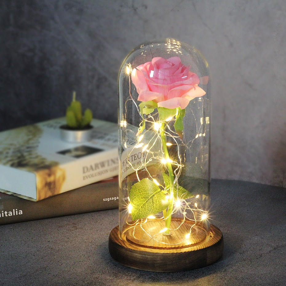 Artificial Eternal Rose  LED Light Beauty The Beast In Glass Cover Christmas Home Decor For Mother Valentines Day new Year Gift