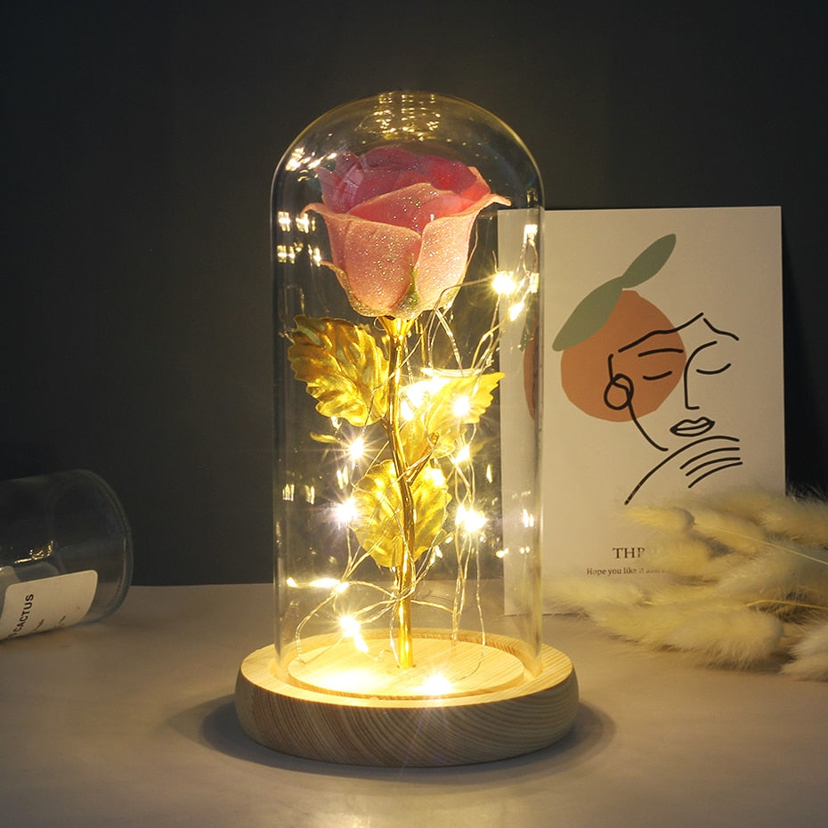 Artificial Eternal Rose  LED Light Beauty The Beast In Glass Cover Christmas Home Decor For Mother Valentines Day new Year Gift