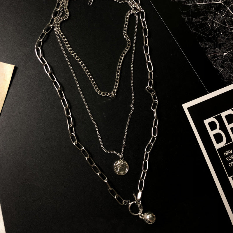 New Trendy Metal Ball Coin Cross Pendant Multi-layer Punk  Design Long Chain Necklace For Women men Jewelry Gifts