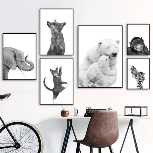 Black & White Polar Bear Monkey Sloth Fox Animals Wall Art Painting